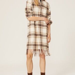 Polo Ralph Lauren‎ Cream Brown Plaid Midi Fringe Shirt Dress, Size 2 NWT